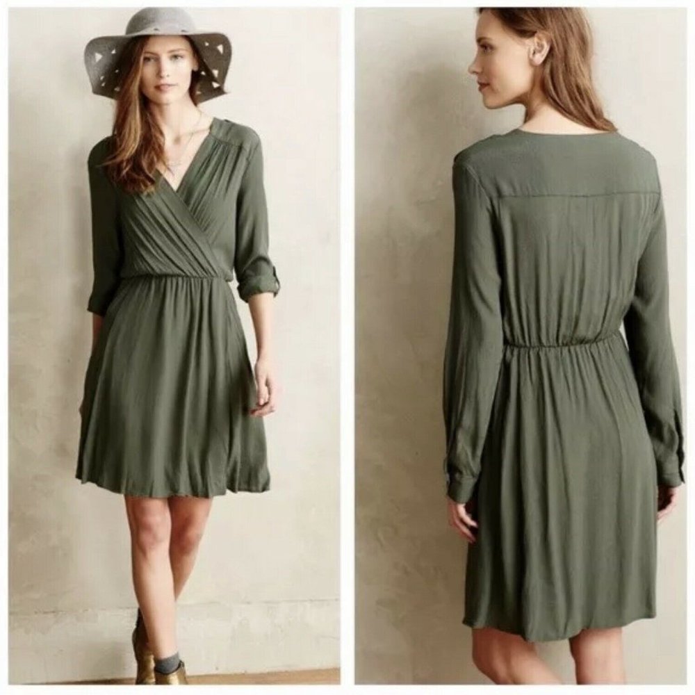 Anthropologie Maeve Lene Faux Wrap‎ Dress Olive Green Women's Size XS